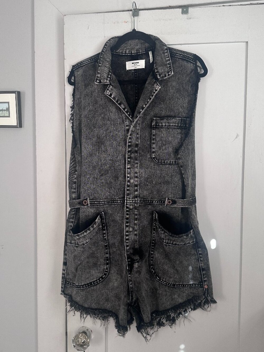 One Teaspoon Black Denim Sleeveless Utility Romper Playsuit M Distressed